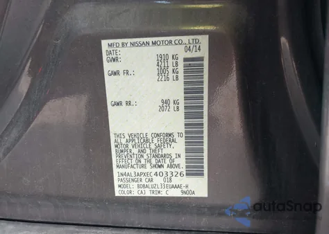 2014 Nissan Altima 2.5 Sv z USA, uszkodzony, nr VIN 1N4AL3APXEC403326